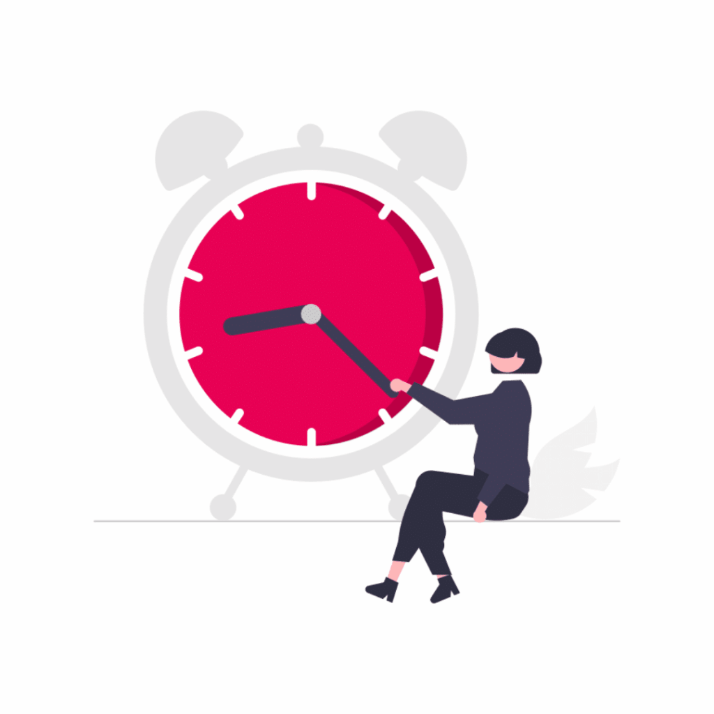 Illustration of a person sitting on a clock hand — representing BrokersOfGood open office hours for non-profits.